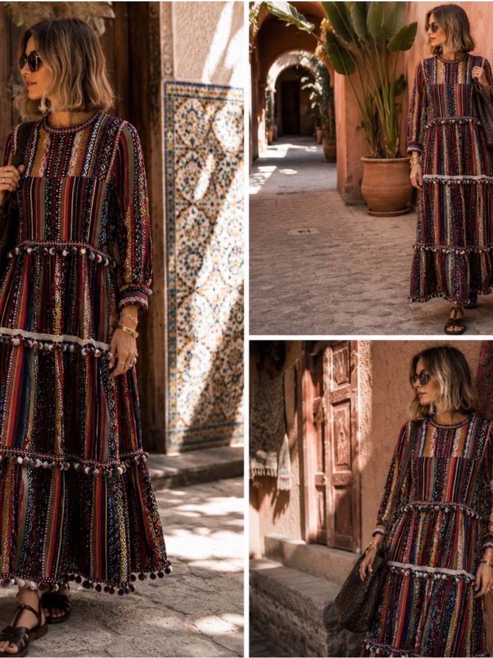 Zara Multicolor Striped Boho Maxi Dress with Pom Trim